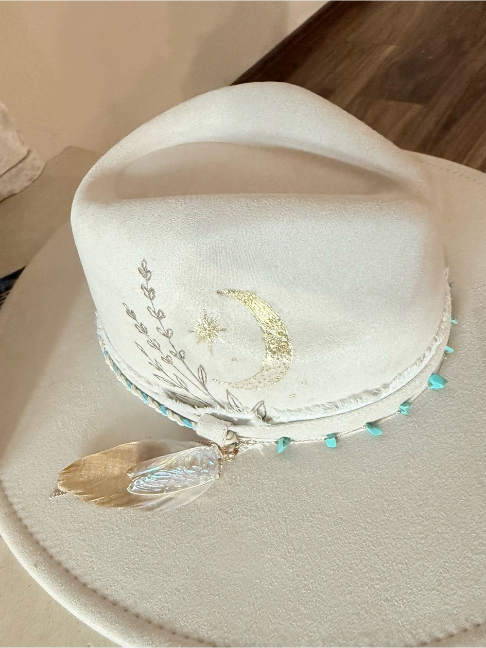 Women's hand burned Embellished Felt Fedora Hat with Gold Moon and Star Detail